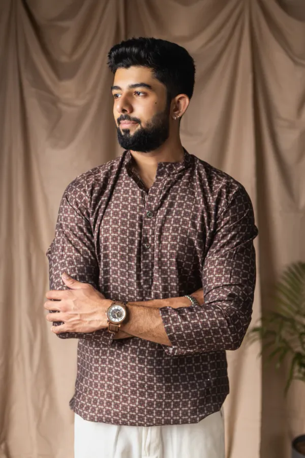 Brown_Linen_Geometric_Print_Mandarin_Collar_Kurta_For_Men
