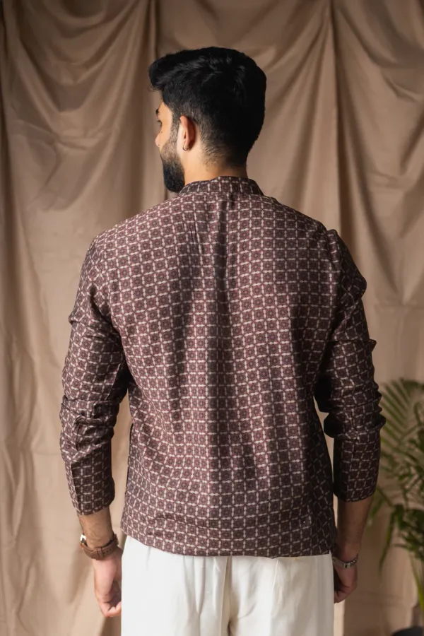 Brown_Linen_Geometric_Print_Mandarin_Collar_Kurta_For_Men