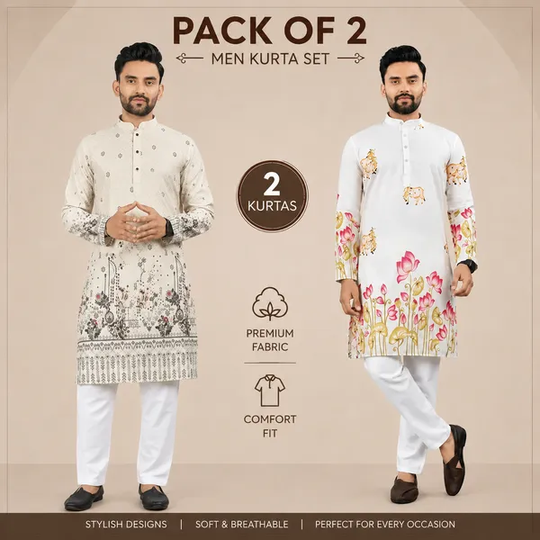 Cream_And_White_Rayon_Premium_Kurta_For_Men_(Pack_Of_2)