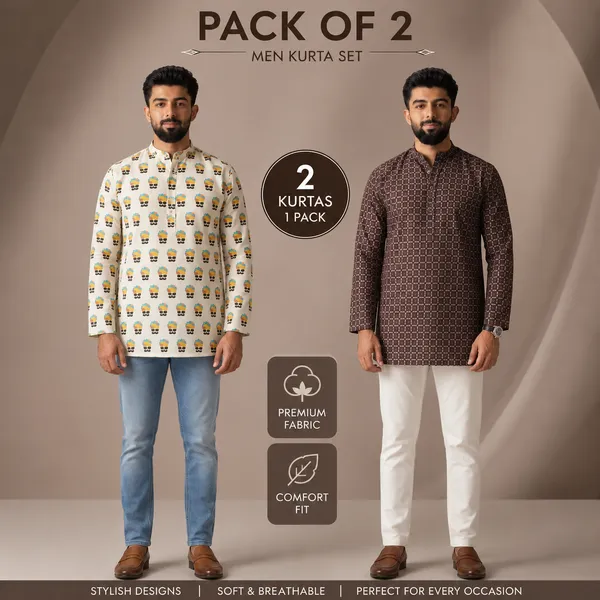 White_And_Brown_Linen_Premium_Kurta_For_Men_(Pack_Of_2)