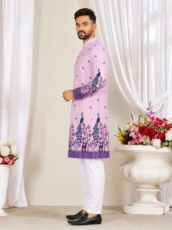 Purple_Rayon_Peacock_Print_Mandarin_Collar_Kurta_For_Men