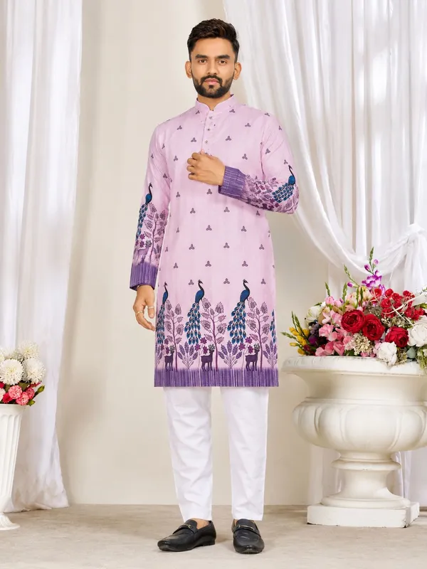 Purple_Rayon_Peacock_Print_Mandarin_Collar_Kurta_For_Men