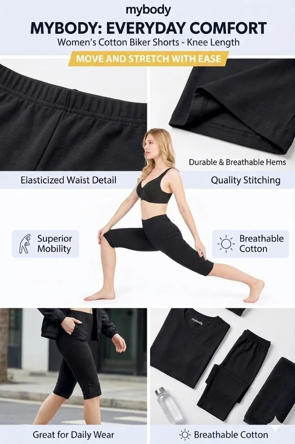 Women�s_Cotton_Knee_Length_Cycling_Shorts_Pack_3_|_Stretchable_Breathable_Biker_Gym_Yoga_Workout_Shorts_|_Mid_Waist_Athletic_Fit