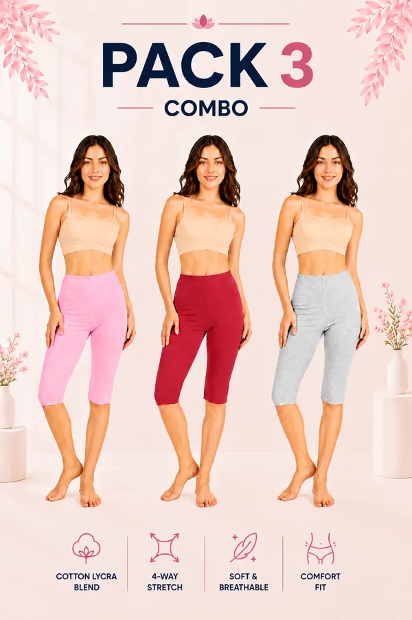 Women�s_Cotton_Knee_Length_Cycling_Shorts_Pack_3_|_Stretchable_Breathable_Biker_Gym_Yoga_Workout_Shorts_|_Mid_Waist_Athletic_Fit