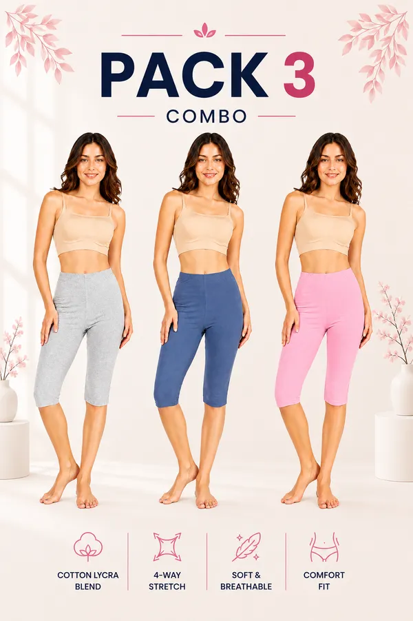 Women�s_Cotton_Knee_Length_Cycling_Shorts_Pack_3_|_Stretchable_Breathable_Biker_Gym_Yoga_Workout_Shorts_|_Mid_Waist_Athletic_Fit