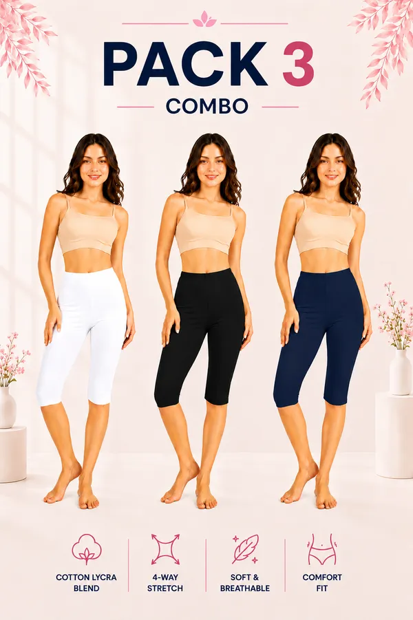 Women�s_Cotton_Knee_Length_Cycling_Shorts_Pack_3_|_Stretchable_Breathable_Biker_Gym_Yoga_Workout_Shorts_|_Mid_Waist_Athletic_Fit