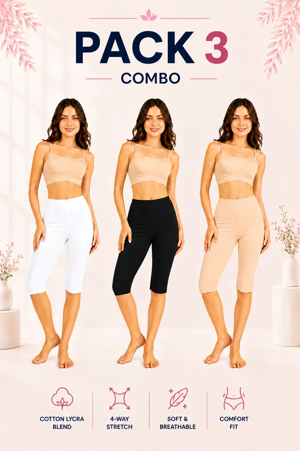 Women�s_Cotton_Knee_Length_Cycling_Shorts_Pack_3_|_Stretchable_Breathable_Biker_Gym_Yoga_Workout_Shorts_|_Mid_Waist_Athletic_Fit
