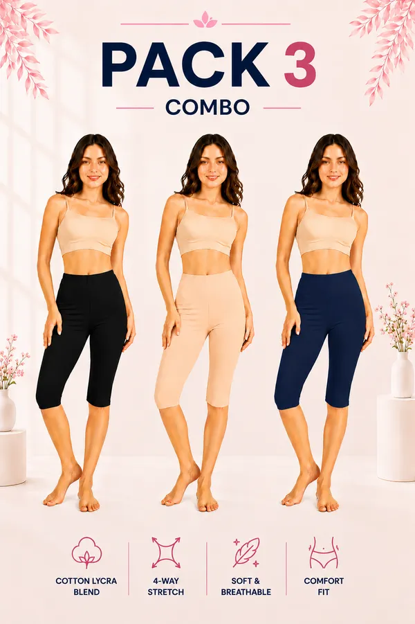 Women�s_Cotton_Knee_Length_Cycling_Shorts_Pack_3_|_Stretchable_Breathable_Biker_Gym_Yoga_Workout_Shorts_|_Mid_Waist_Athletic_Fit