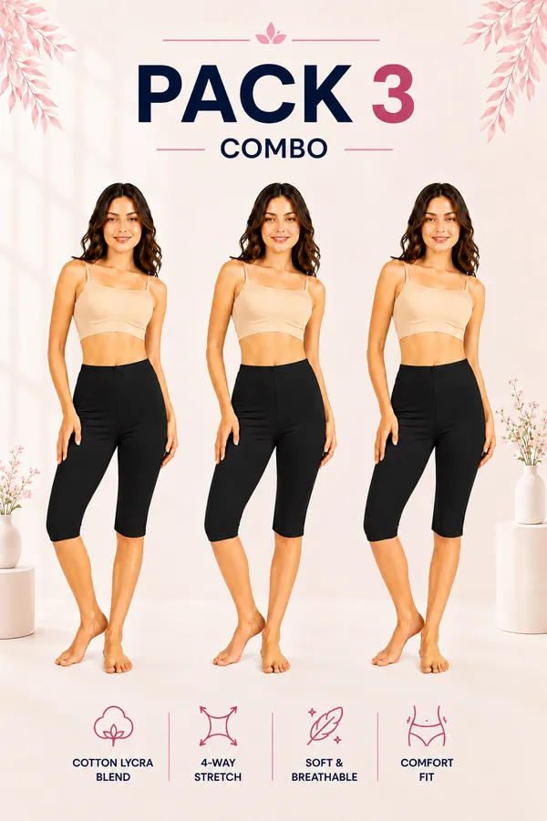 Women�s_Cotton_Knee_Length_Cycling_Shorts_Pack_3_|_Stretchable_Breathable_Biker_Gym_Yoga_Workout_Shorts_|_Mid_Waist_Athletic_Fit