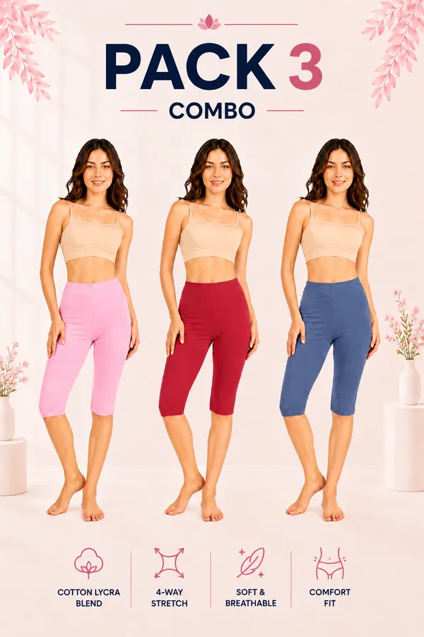 Women�s_Cotton_Knee_Length_Cycling_Shorts_Pack_3_|_Stretchable_Breathable_Biker_Gym_Yoga_Workout_Shorts_|_Mid_Waist_Athletic_Fit