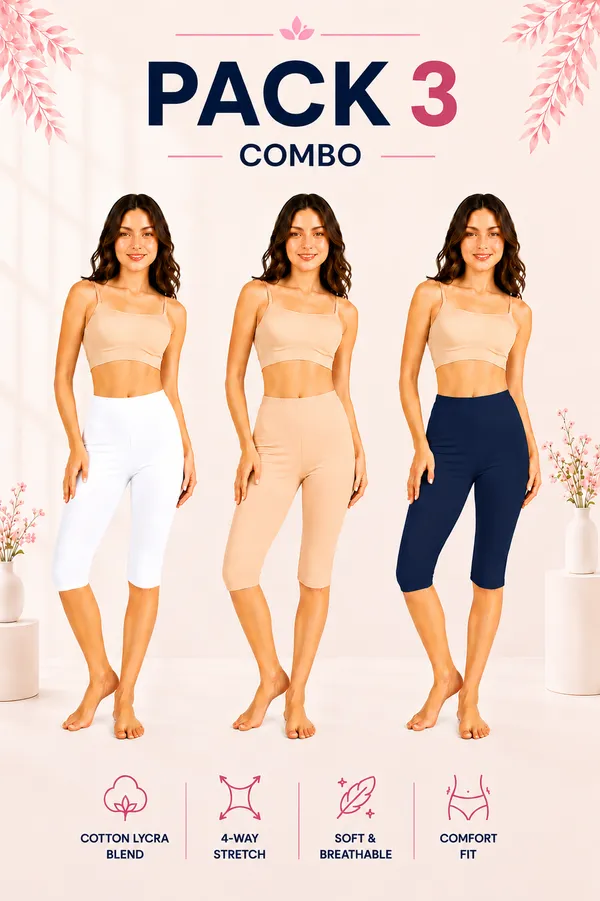 Women�s_Cotton_Knee_Length_Cycling_Shorts_Pack_3_|_Stretchable_Breathable_Biker_Gym_Yoga_Workout_Shorts_|_Mid_Waist_Athletic_Fit