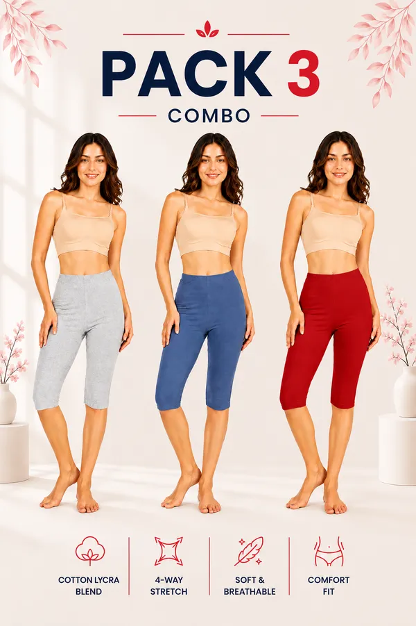 Women�s_Cotton_Knee_Length_Cycling_Shorts_Pack_3_|_Stretchable_Breathable_Biker_Gym_Yoga_Workout_Shorts_|_Mid_Waist_Athletic_Fit