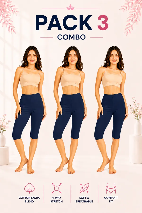 Women�s_Cotton_Knee_Length_Cycling_Shorts_Pack_3_|_Stretchable_Breathable_Biker_Gym_Yoga_Workout_Shorts_|_Mid_Waist_Athletic_Fit