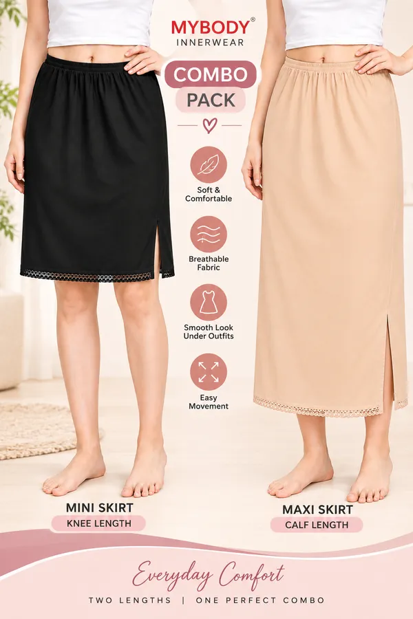 Women�s_Cotton_Knitted_Petticoat_Slip_Combo_Pack_of_2_|_1_Knee_Length_&_1_Ankle_Length_Underskirt_|_Soft_Breathable_Inner_Skirt_for_Saree,_Dress,_Kurti_&_Gown
