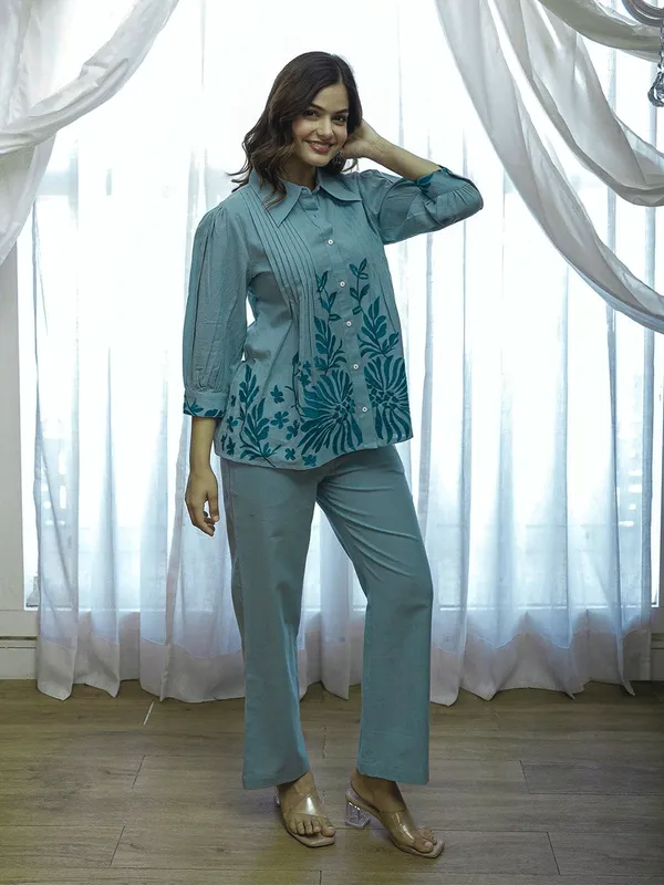 Teal_Embroidered_Co_Ord_Set_For_Women_Shirt_And_Pants