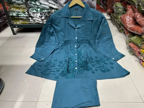Teal_Blue_Embroidered_Co_Ord_Set_For_Women_Top_And_Pants