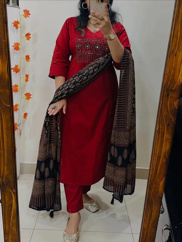 Red_Embroidered_Kurta_Set_With_Printed_Dupatta