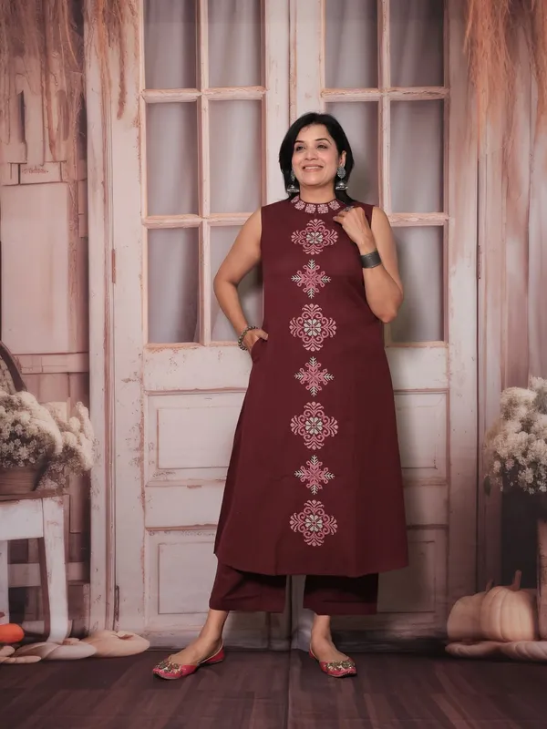 Maroon_Embroidered_Kurta_Set_With_Palazzo_And_Dupatta