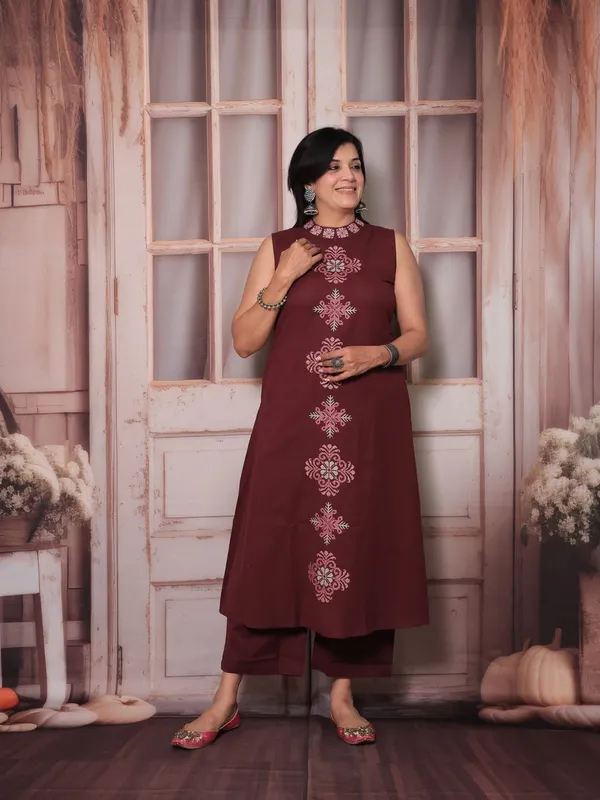 Maroon_Embroidered_Kurta_Set_With_Palazzo_And_Dupatta