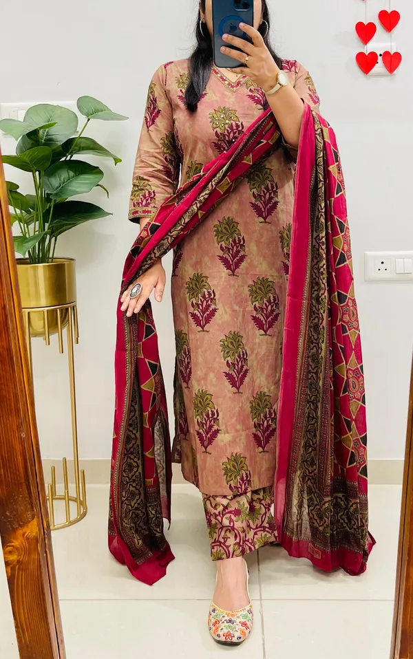 Embroidered_Kurti_Palazzo_Dupatta_Set_Peach_And_Maroon_Ethnic_Wear