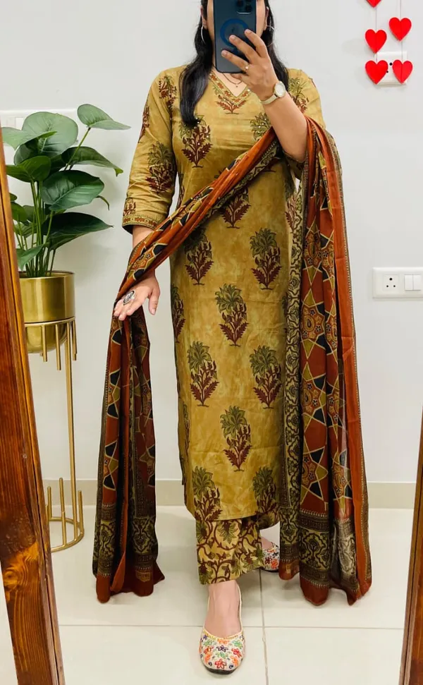 Yellow_Floral_Block_Print_Cotton_Kurta_Set_With_Palazzo_And_Dupatta