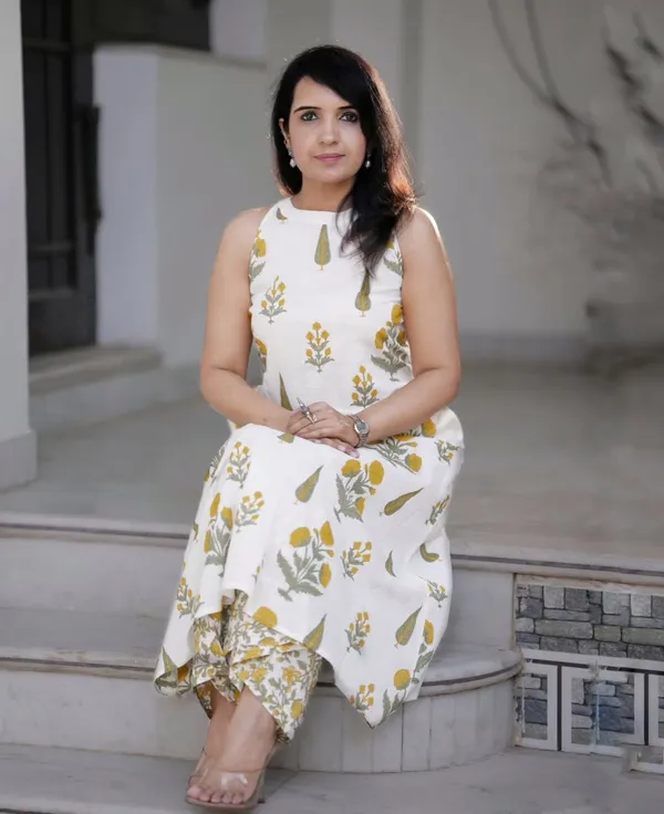 White_Floral_Block_Print_Sleeveless_Cotton_Kurti_Dress