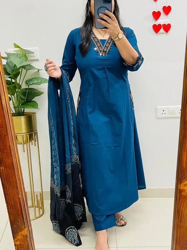Blue_Embroidered_Pakistani_Style_Suit_Set_With_Black_Dupatta