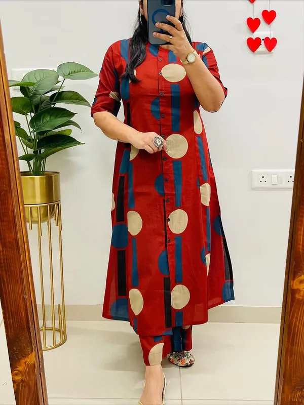 Red_And_Blue_Abstract_Print_Button_Down_Kurta_With_Pants_Set