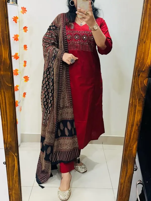 Red_Embroidered_Kurta_Set_With_Printed_Dupatta