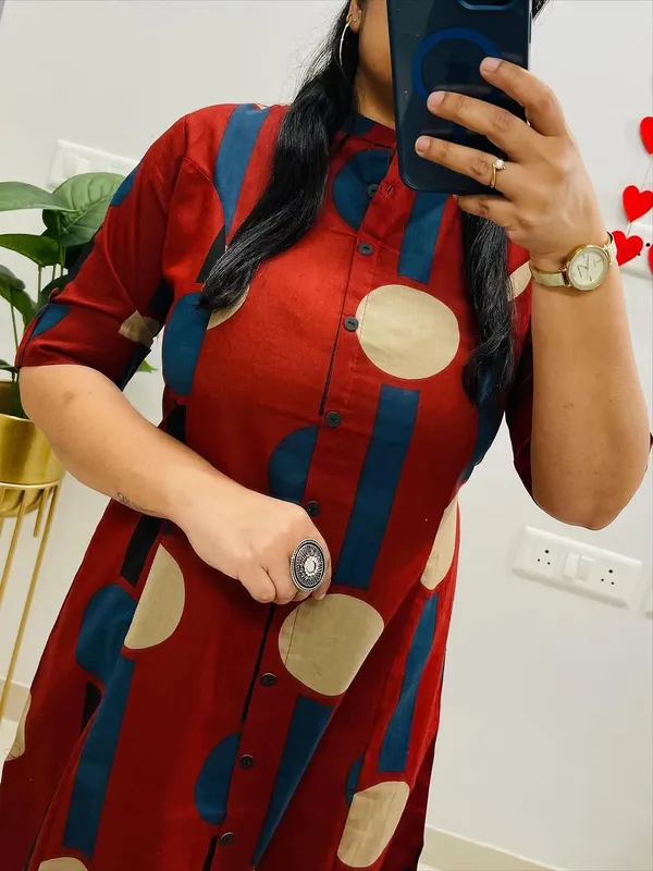 Red_And_Blue_Abstract_Print_Button_Down_Kurta_With_Pants_Set
