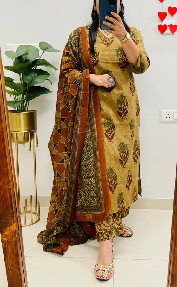 Yellow_Floral_Block_Print_Cotton_Kurta_Set_With_Palazzo_And_Dupatta