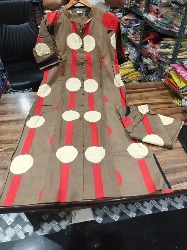 Women_Olive_Brown_Printed_Kurta_Set_With_Red_Stripes_And_Polka_Dots