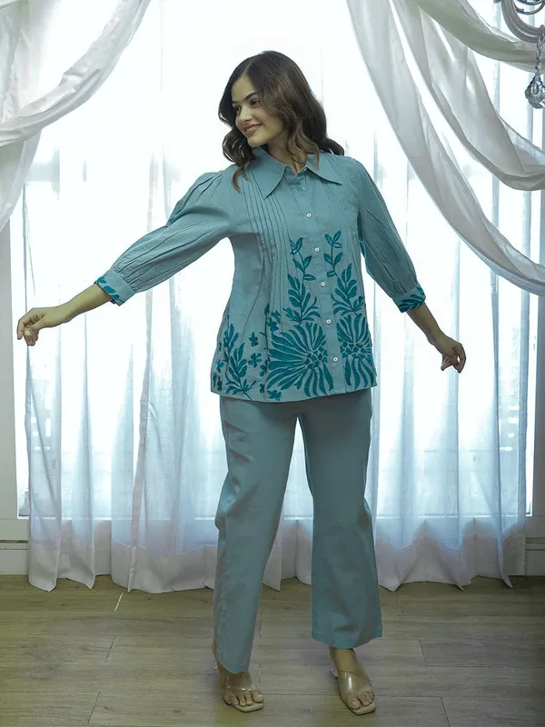Teal_Embroidered_Co_Ord_Set_For_Women_Shirt_And_Pants