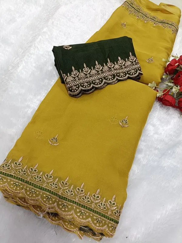 Mustard_Yellow_Star_Georgette_Saree_With_Unstitched_Blouse_Piece_For_Women