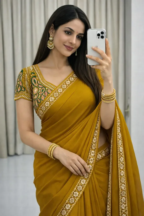 Mustard_Yellow_Star_Georgette_Saree_With_Unstitched_Blouse_Piece_For_Women