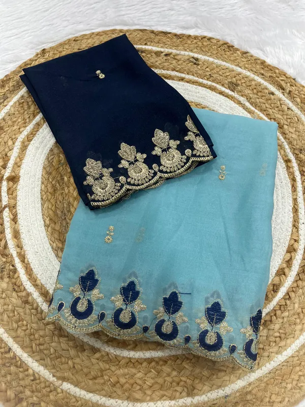 Sky_Blue_Star_Georgette_Saree_With_Unstitched_Blouse_Piece_For_Women