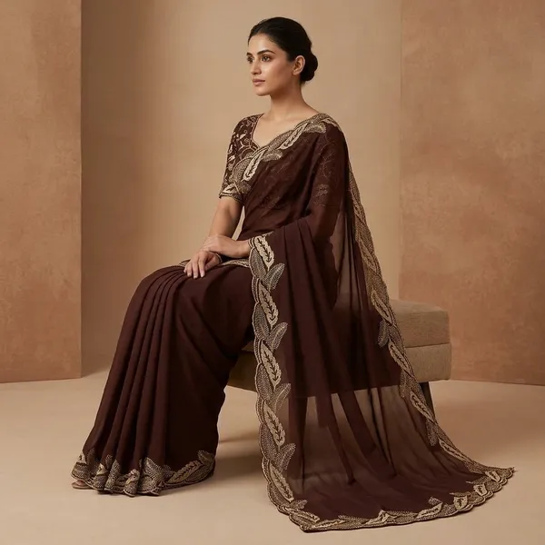 Brown_Star_Georgette_Saree_With_Unstitched_Blouse_Piece_For_Women