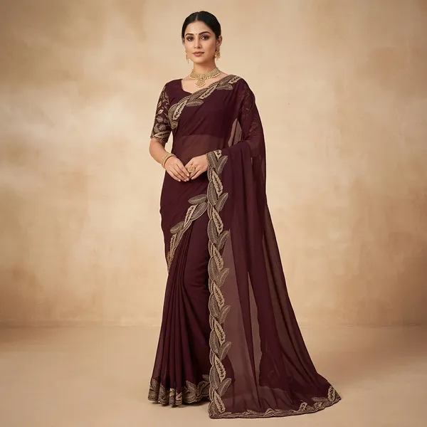 Brown_Star_Georgette_Saree_With_Unstitched_Blouse_Piece_For_Women