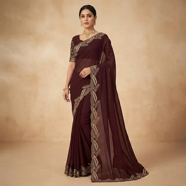 Brown_Star_Georgette_Saree_With_Unstitched_Blouse_Piece_For_Women