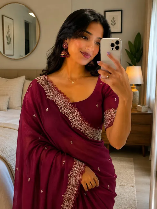 Maroon_Star_Georgette_Saree_With_Unstitched_Blouse_Piece_For_Women