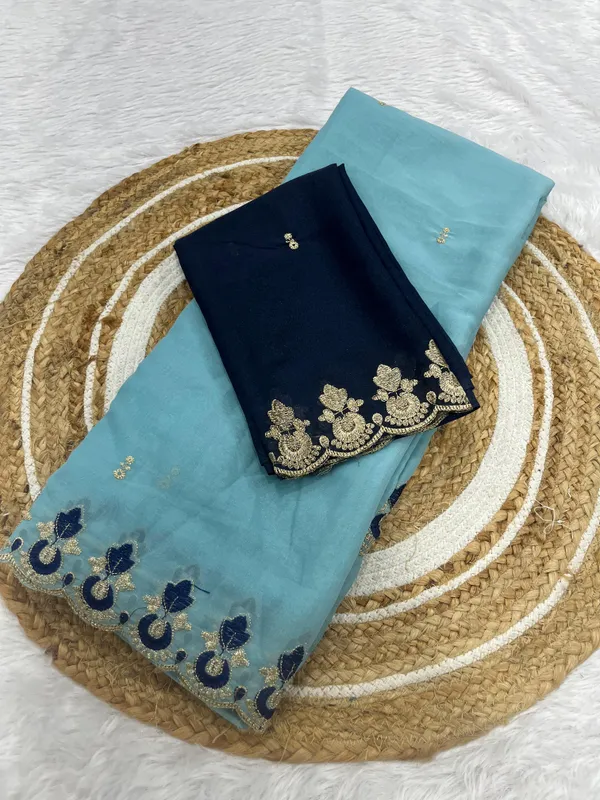 Sky_Blue_Star_Georgette_Saree_With_Unstitched_Blouse_Piece_For_Women