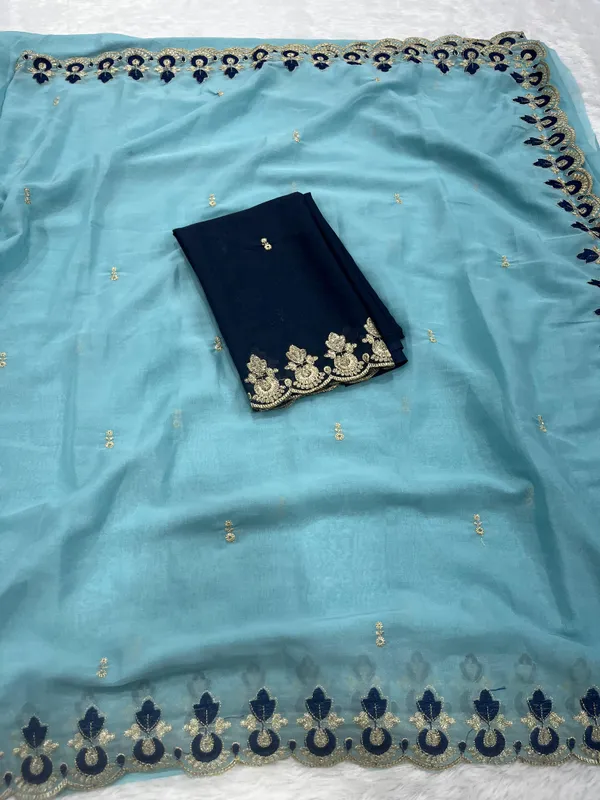 Sky_Blue_Star_Georgette_Saree_With_Unstitched_Blouse_Piece_For_Women