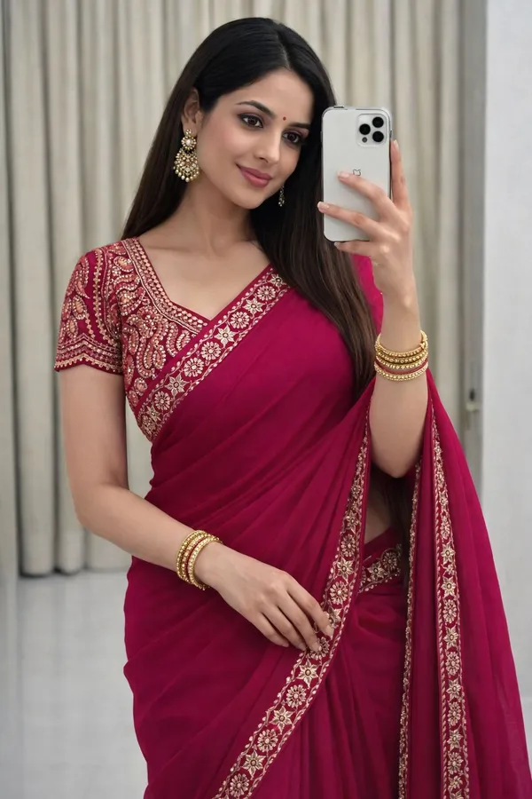 Maroon_Star_Georgette_Saree_With_Unstitched_Blouse_Piece_For_Women