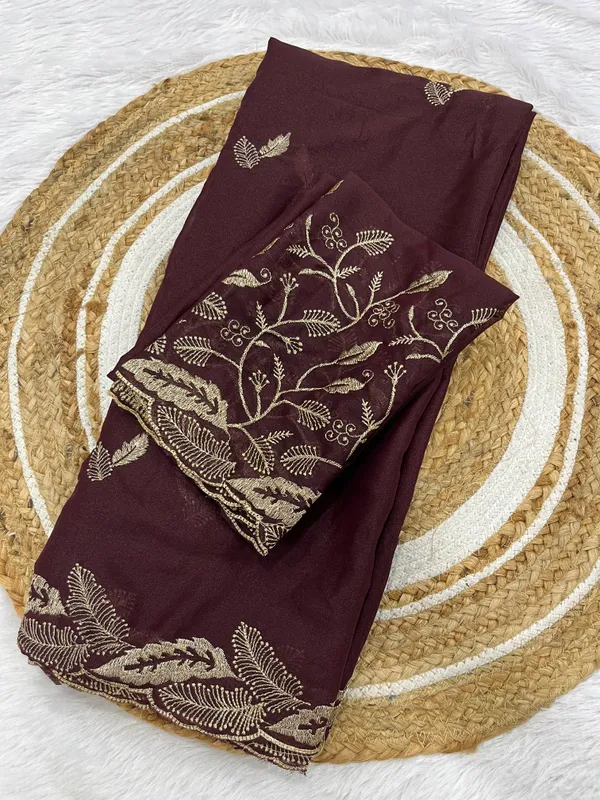 Brown_Star_Georgette_Saree_With_Unstitched_Blouse_Piece_For_Women