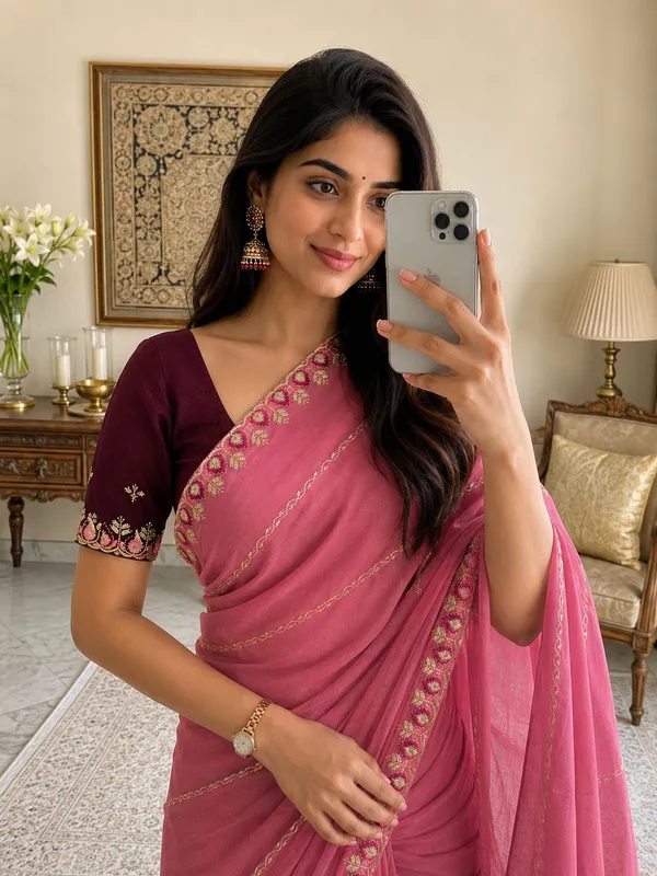 Pink_Star_Georgette_Saree_With_Unstitched_Blouse_Piece_For_Women