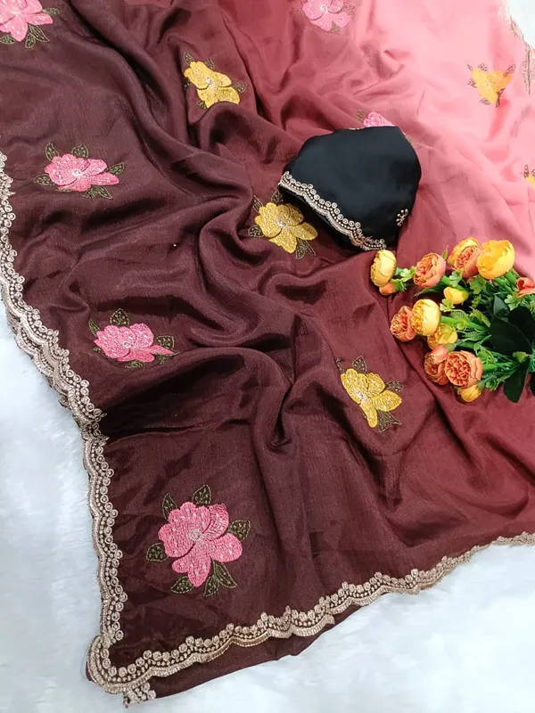 Pink_And_Brown_Chinon_Saree_With_Unstitched_Blouse_Piece_For_Women