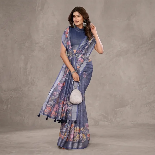 Blue_Linen_Shimmer_Saree_With_Unstitched_Blouse_Piece_For_Women