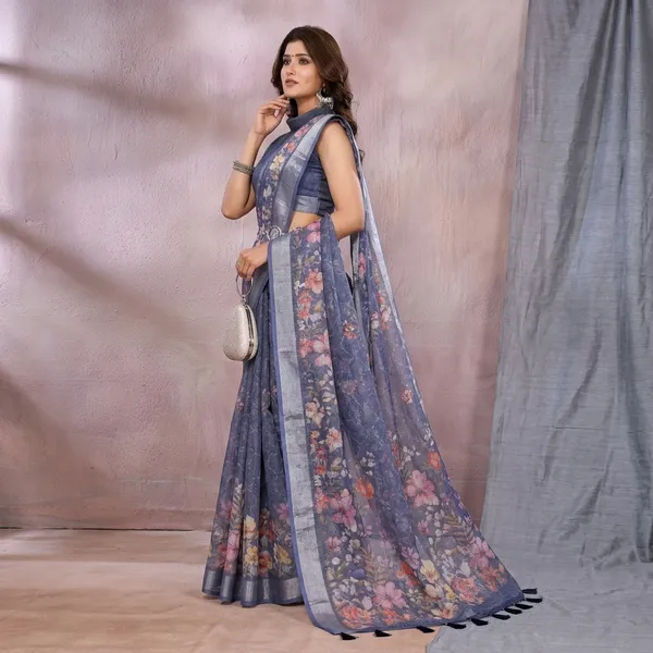 Blue_Linen_Shimmer_Saree_With_Unstitched_Blouse_Piece_For_Women