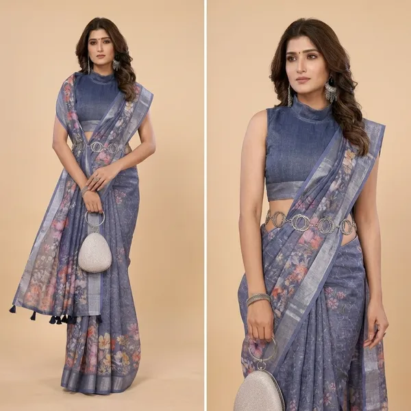 Blue_Linen_Shimmer_Saree_With_Unstitched_Blouse_Piece_For_Women