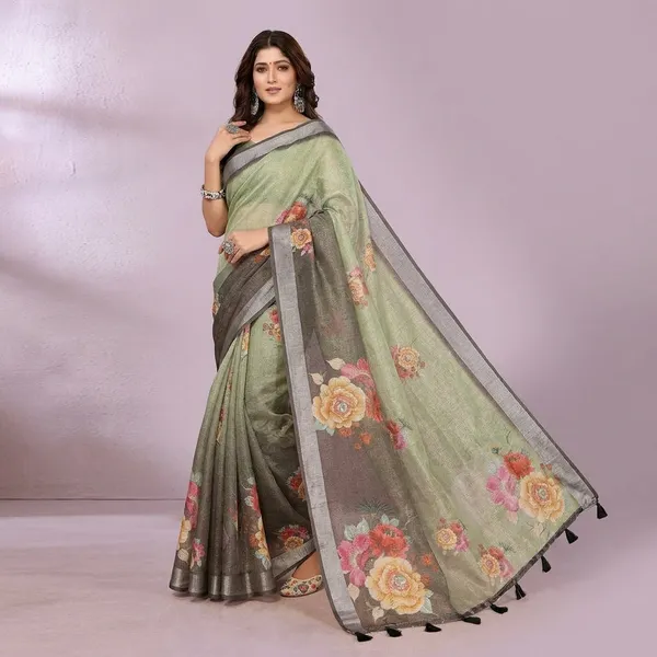 Green_And_Grey_Linen_Shimmer_Saree_With_Unstitched_Blouse_Piece_For_Women